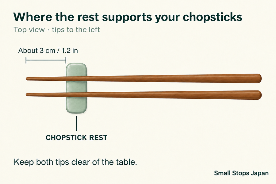 Top-view diagram of two smoothly tapered chopsticks supported just behind their left tips, with about 3 cm extending beyond the rest.