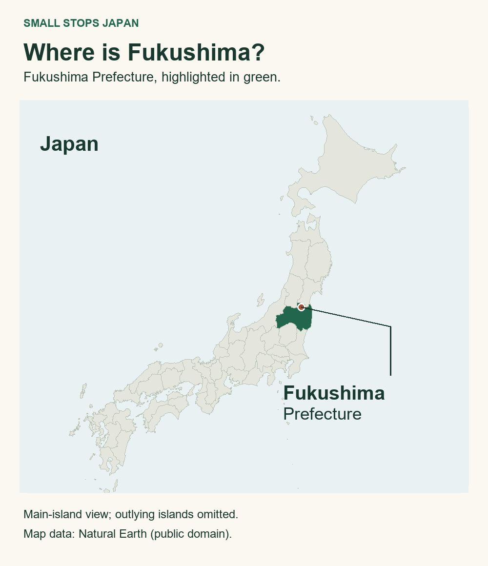 Map of Japan’s main islands with Fukushima Prefecture highlighted in green.