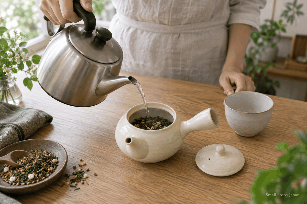 Hot water being poured carefully into a teapot containing a dry green tea and toasted rice blend.