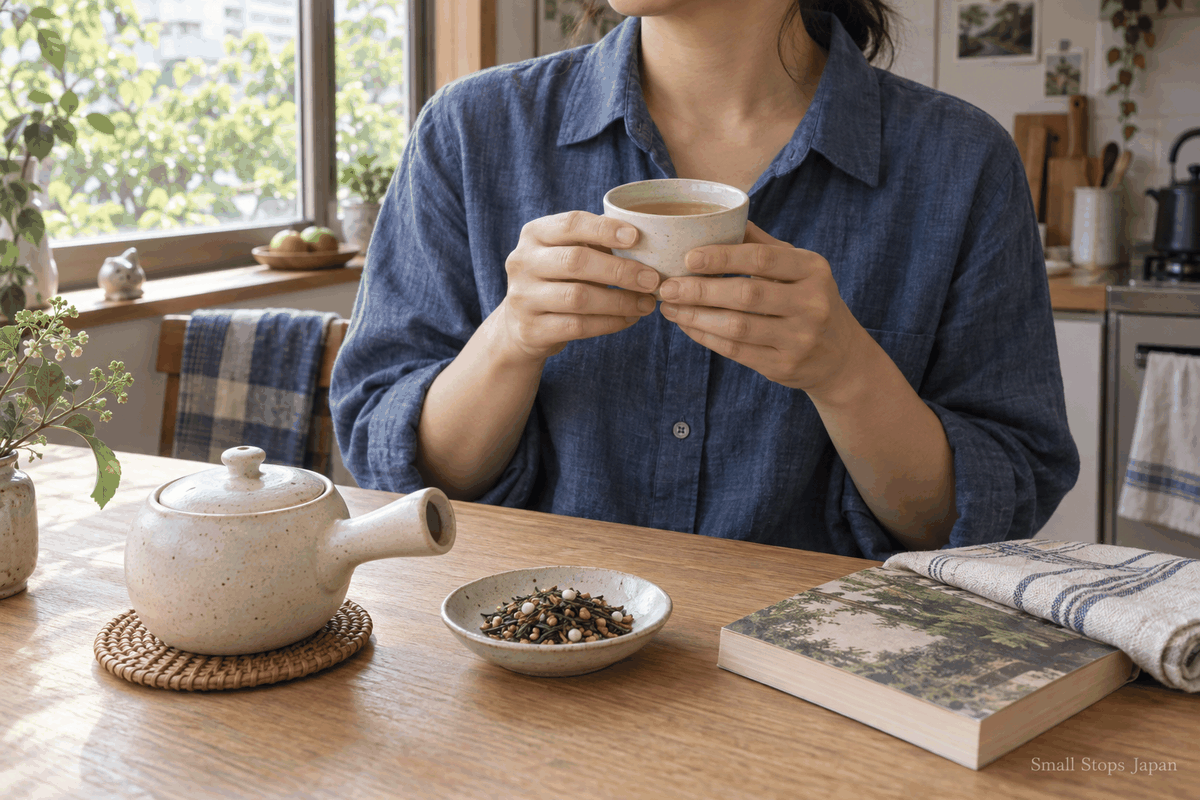 An adult holding a cup of pale golden tea at a modest kitchen table, with a teapot and small dish of genmaicha nearby.