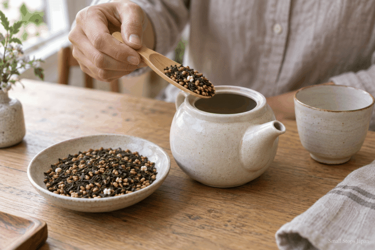 A scoop holding green tea leaves mixed with small pieces of toasted rice.