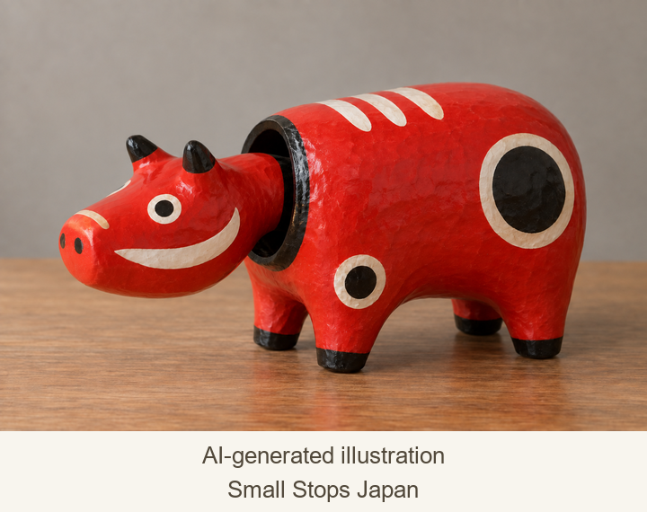 AI illustration of a red akabeko with a lowered head while its body stands on the tabletop.