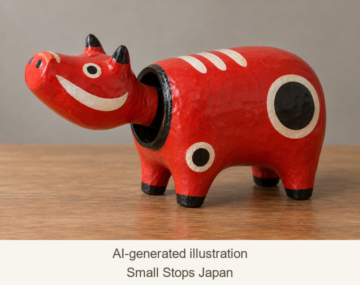 AI illustration of a red akabeko with a raised head and its feet on a tabletop.