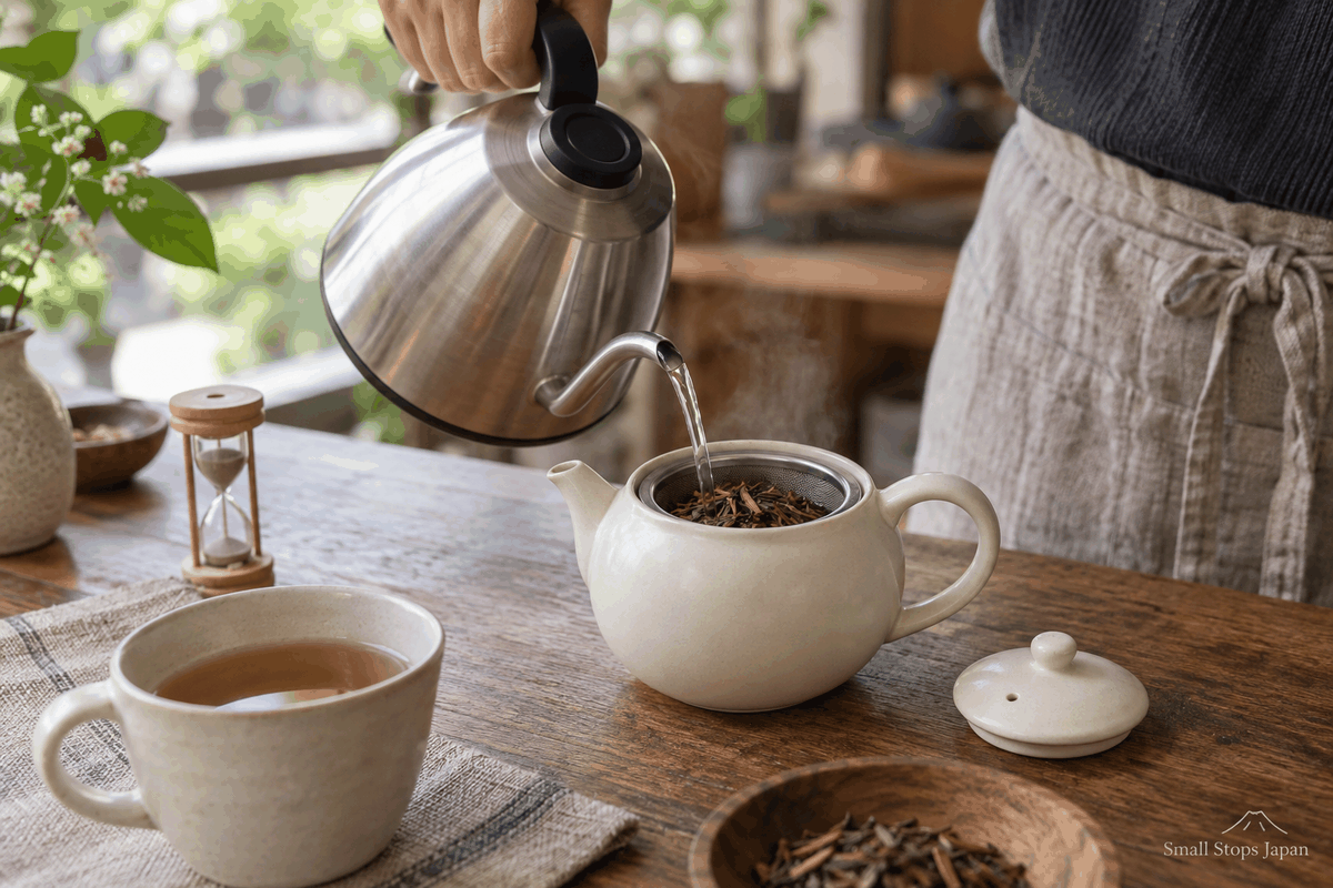 Illustrated hands pouring water from a kettle into a heat-safe pot containing roasted tea leaves in a strainer.