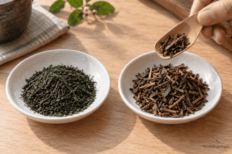 Dry green sencha leaves beside brown hojicha leaves and stems.