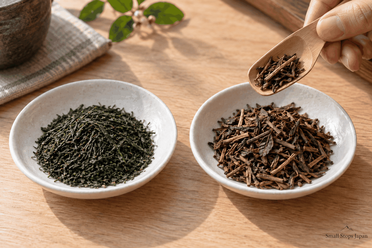 Illustration comparing fine, dry green sencha leaves on the left with brown hojicha leaves and slender stems on the right.
