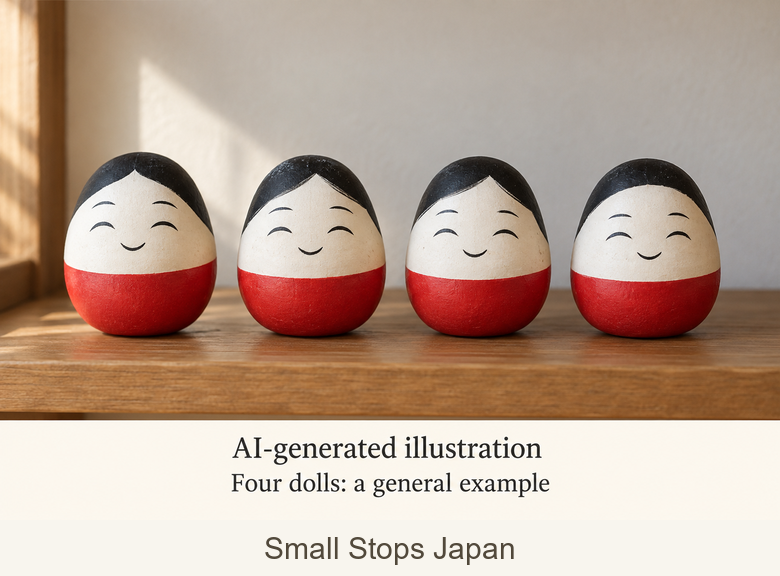 Four clearly separated red dolls stand on a wooden shelf in a generated domestic scene.