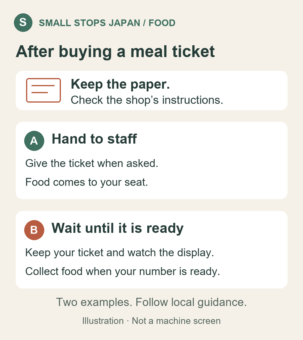 Two examples after buying a meal ticket: hand it to staff when instructed, or keep it and wait for your number before collecting food. Follow the shop's instructions.