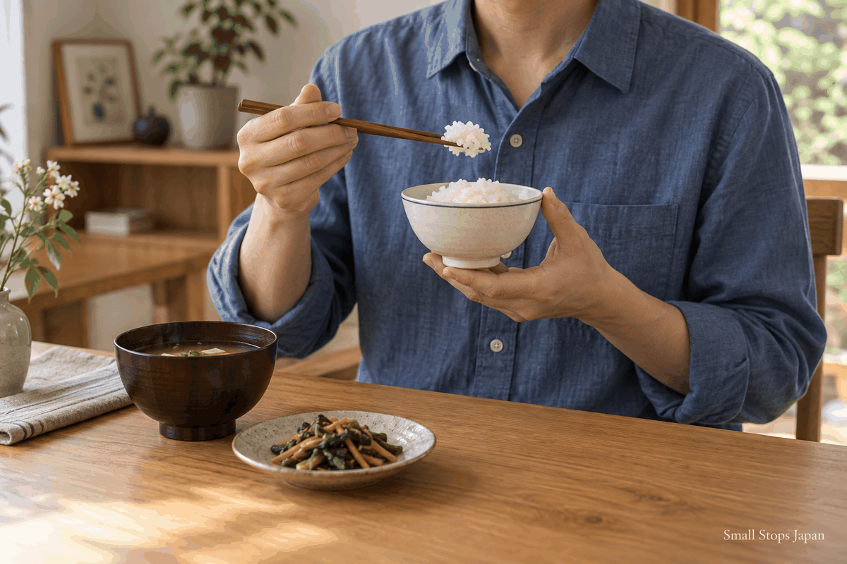 An illustrated diner supporting a small rice bowl in the left hand while lifting a bite with chopsticks.
