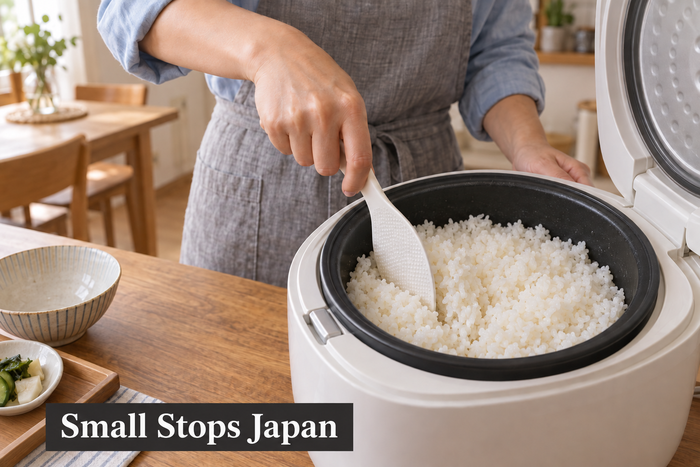 Illustration of an adult using the edge of a white rice paddle to loosen a small section of cooked rice in an open cooker.