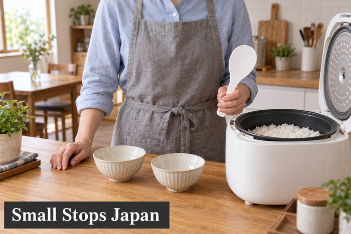Illustration of an adult holding a white rice paddle beside an open rice cooker in a home kitchen, with bowls ready on the counter.