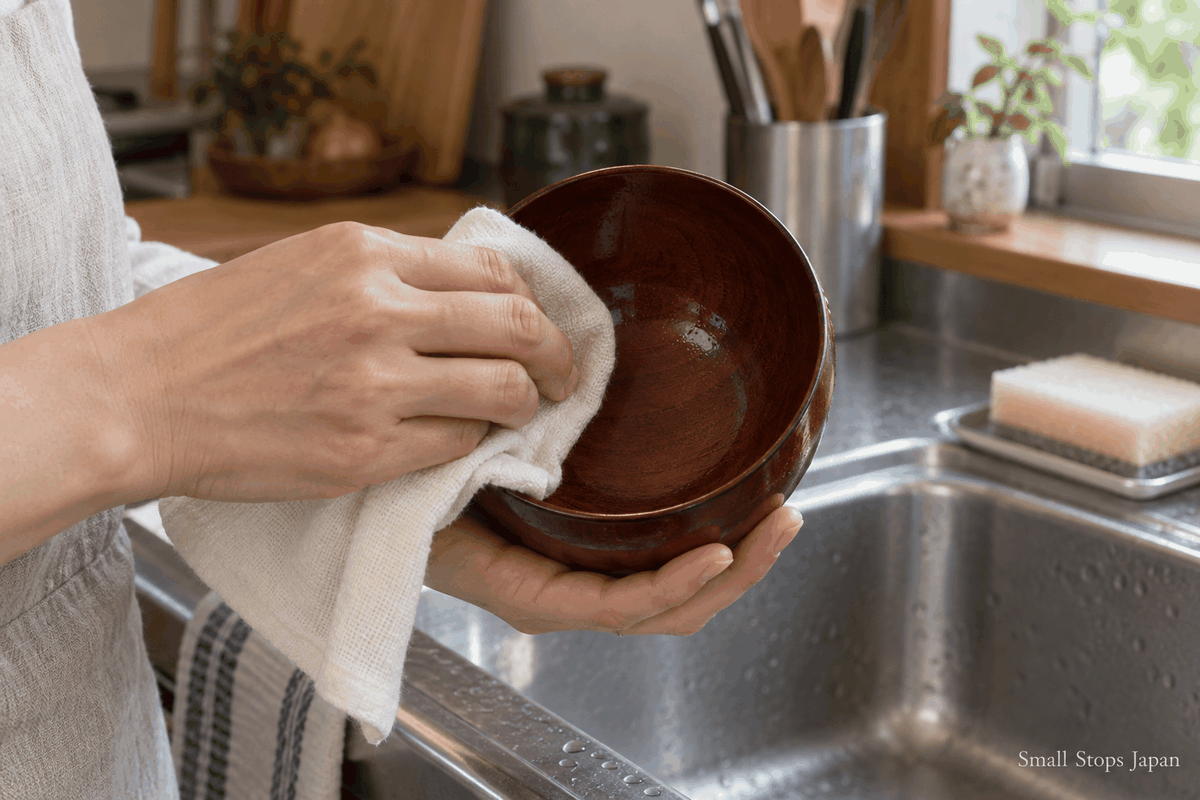 Hands drying the inside of a washed brown soup bowl with a soft cloth beside a kitchen sink.