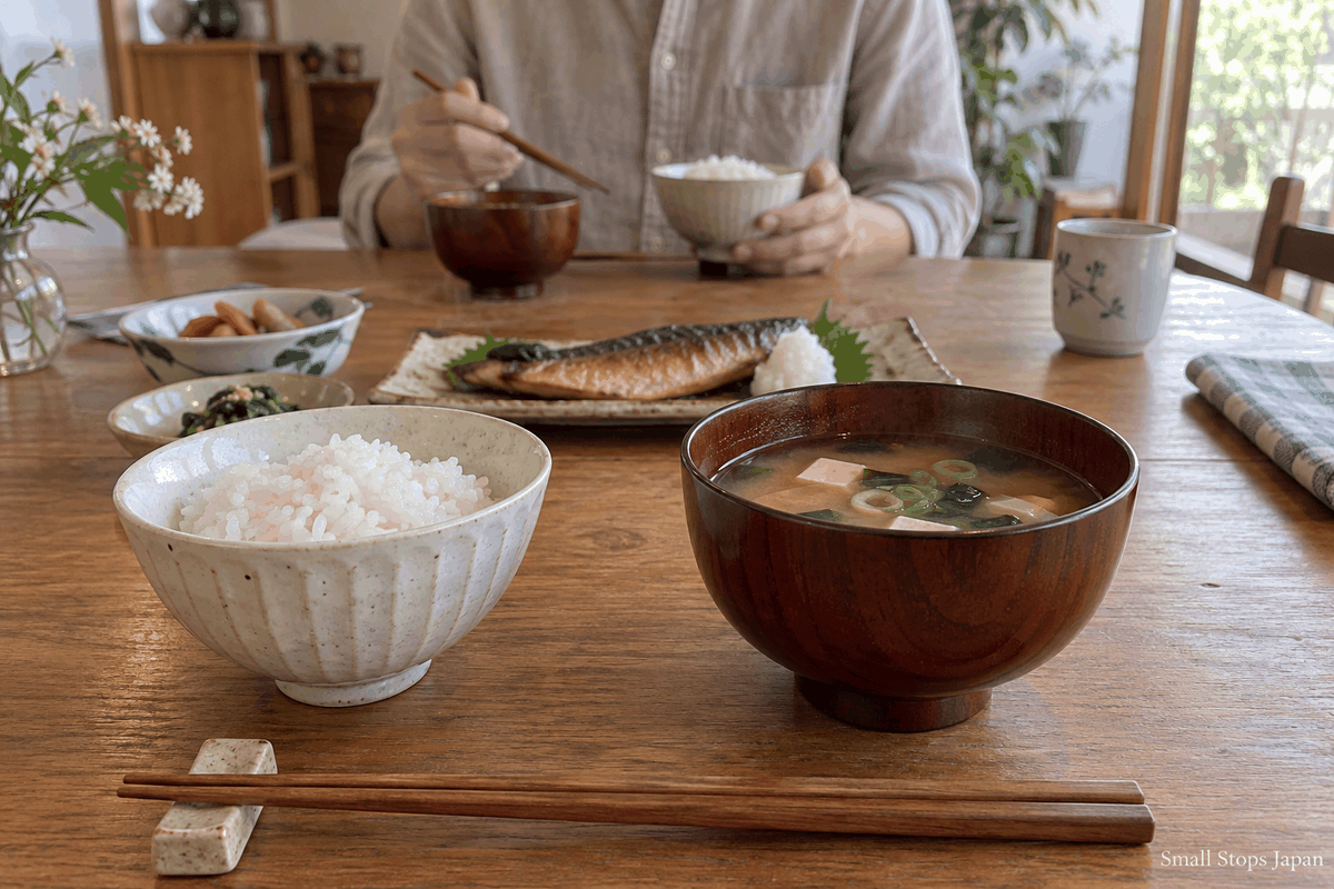A small brown soup bowl with tofu and wakame beside rice and chopsticks at a home dining table.