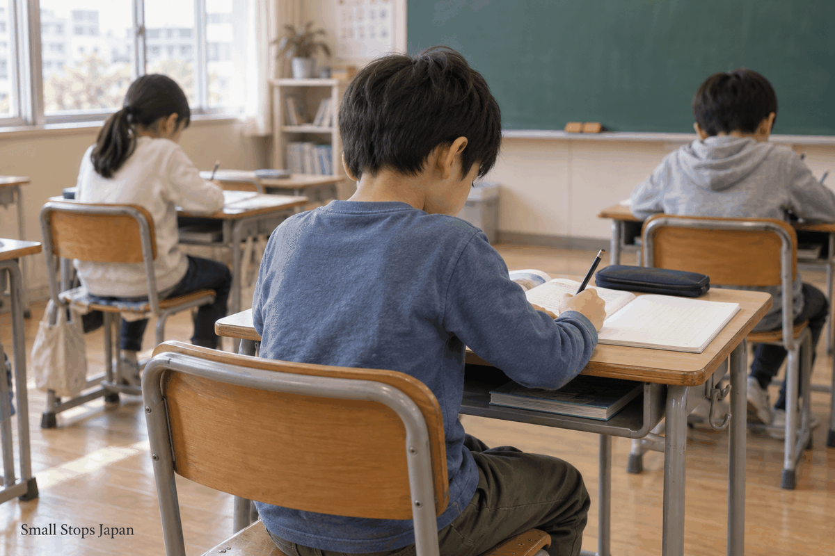 Illustration of a pupil writing at a small individual desk with a textbook and notebook in a classroom.