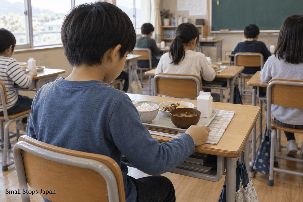 A pupil places a lunch tray on the same type of individual classroom desk after putting books away.