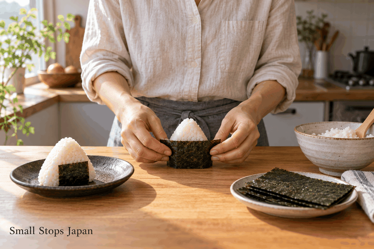 An adult folds a strip of nori around the base of a shaped rice ball at a kitchen table.
