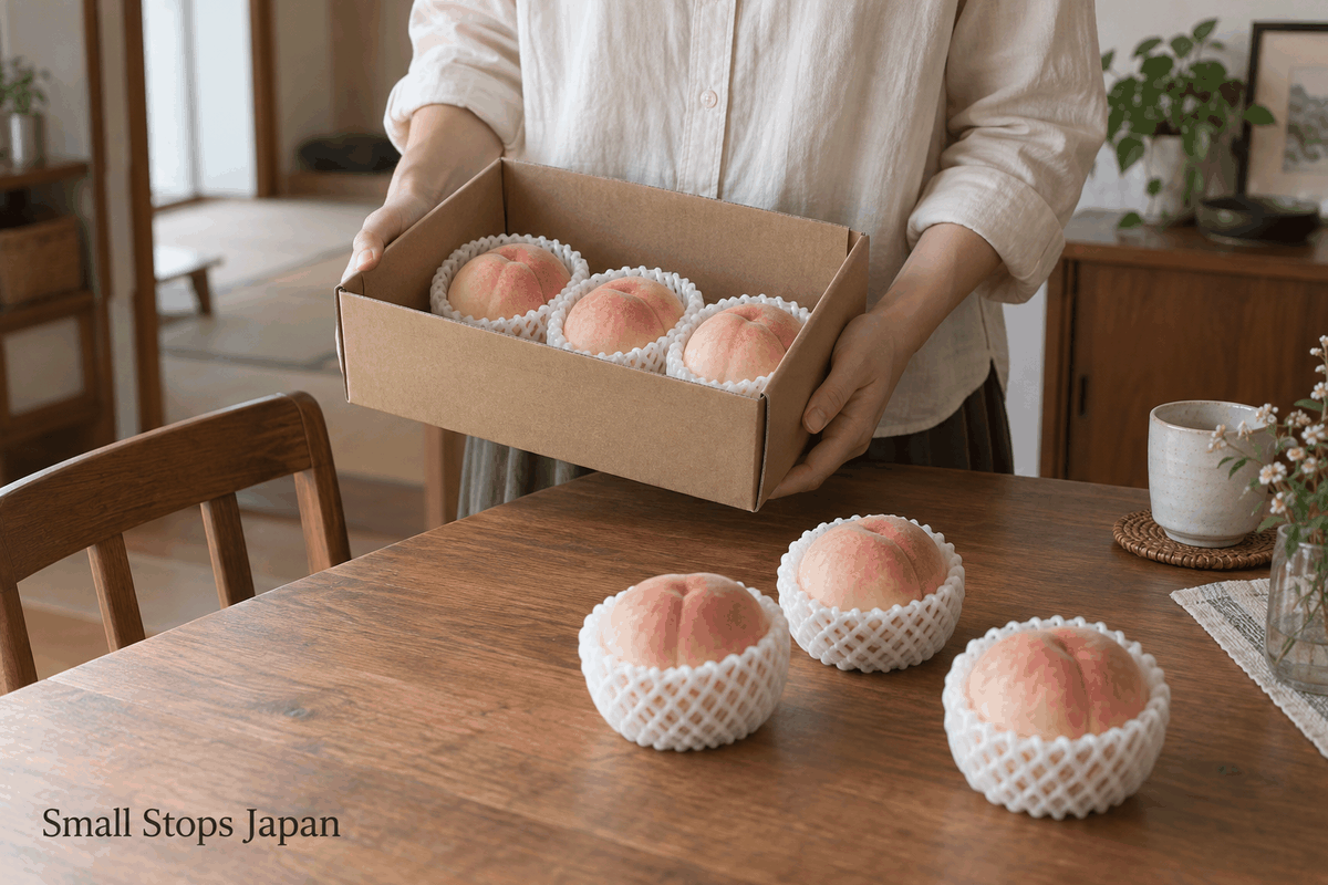 An adult supports a shallow peach box from underneath while unpacking fruit onto a shaded dining table.