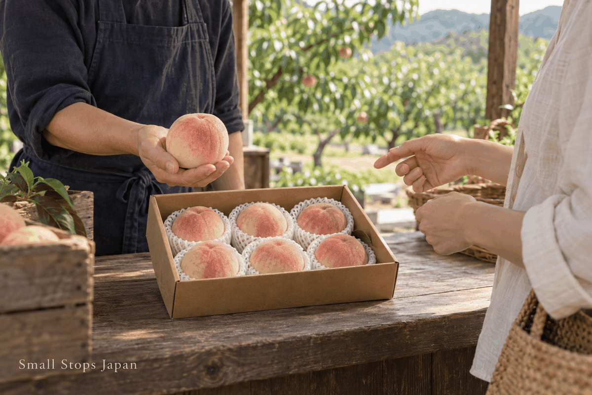A seller supports one peach on an open palm while a customer looks at a box on a shaded fruit-stand counter.