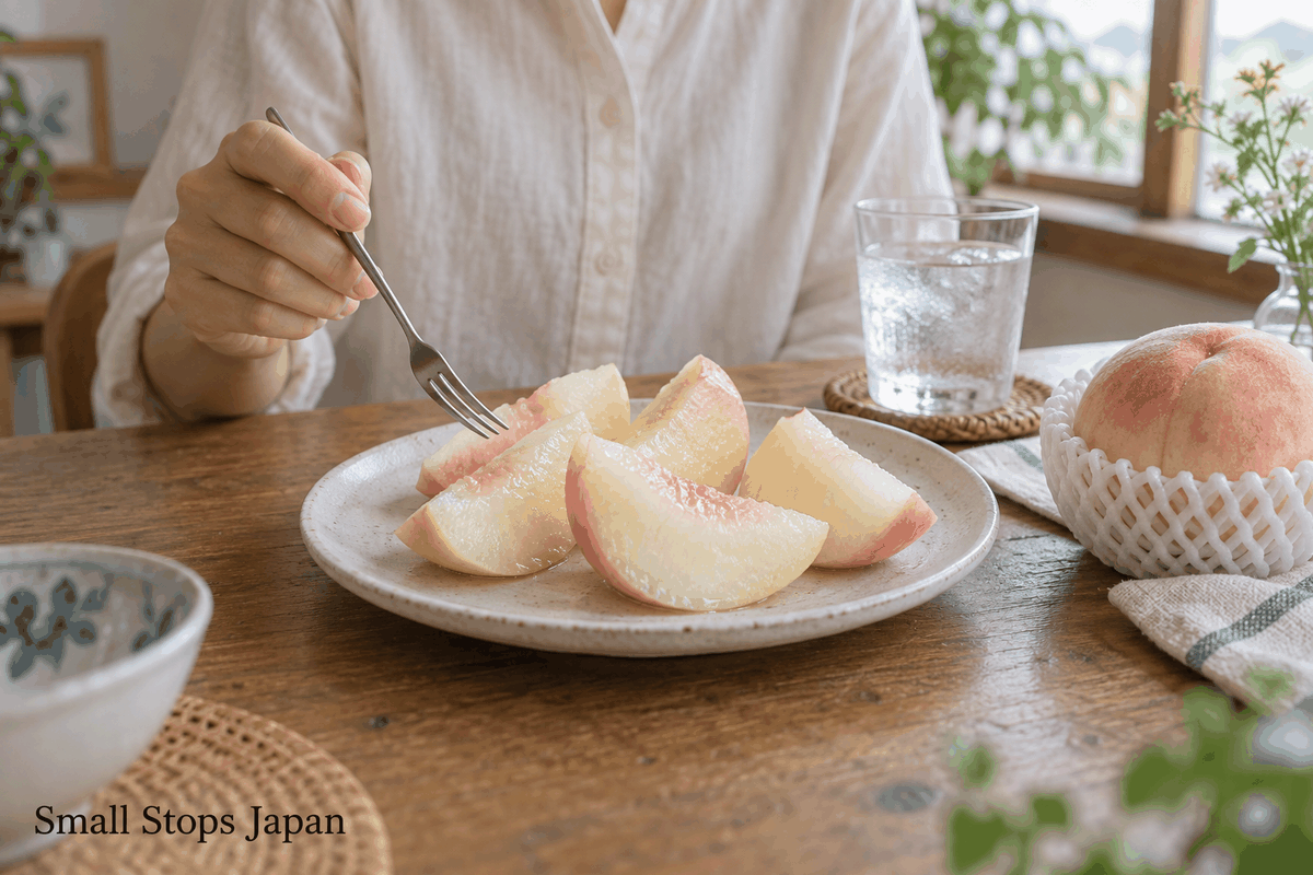 An adult holds a dessert fork beside sliced white-fleshed peaches on a plate at home.