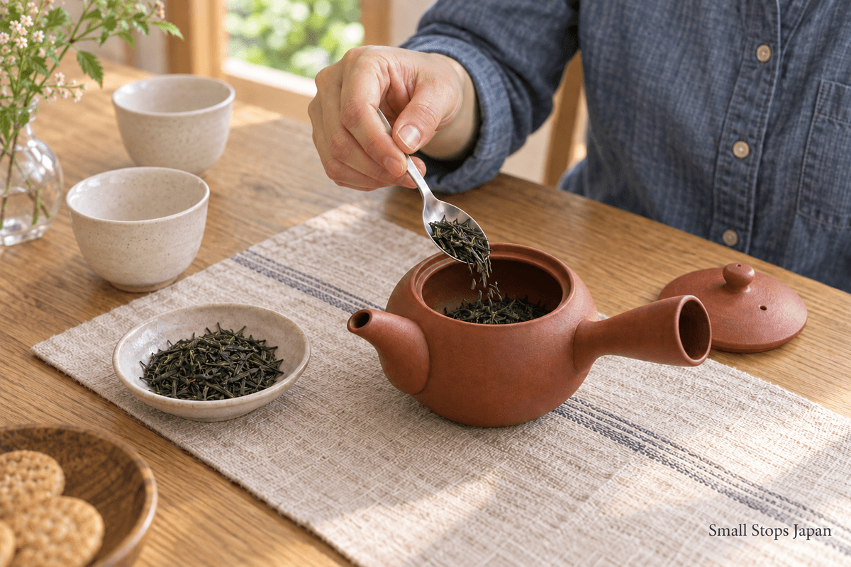A hand adding dry sencha leaves with a spoon to an open kyusu beside two empty cups.