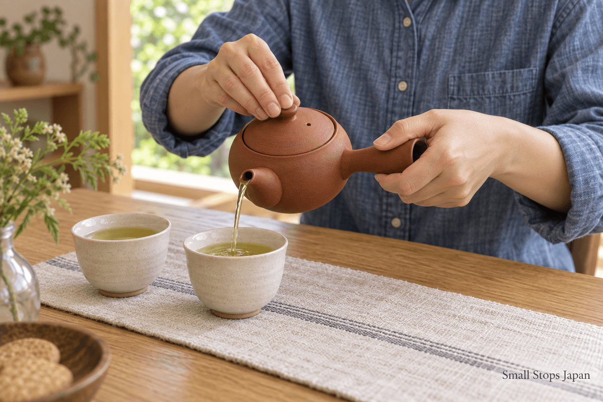 One hand holding the kyusu handle while the other steadies the lid as tea pours into a cup.