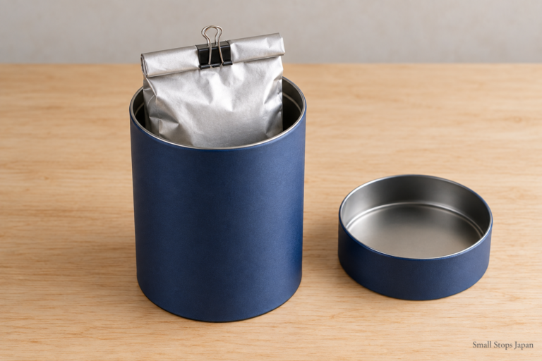 A clipped tea packet is partly raised from an open tea canister.