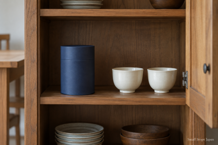 A closed blue tea canister on an uncluttered shelf inside an open wooden cupboard.