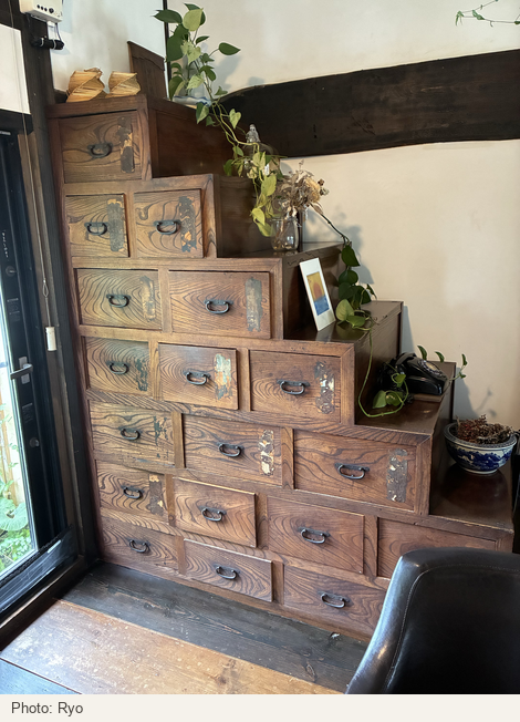 Stepped wooden storage furniture with drawers, plants, a framed picture and a black telephone.