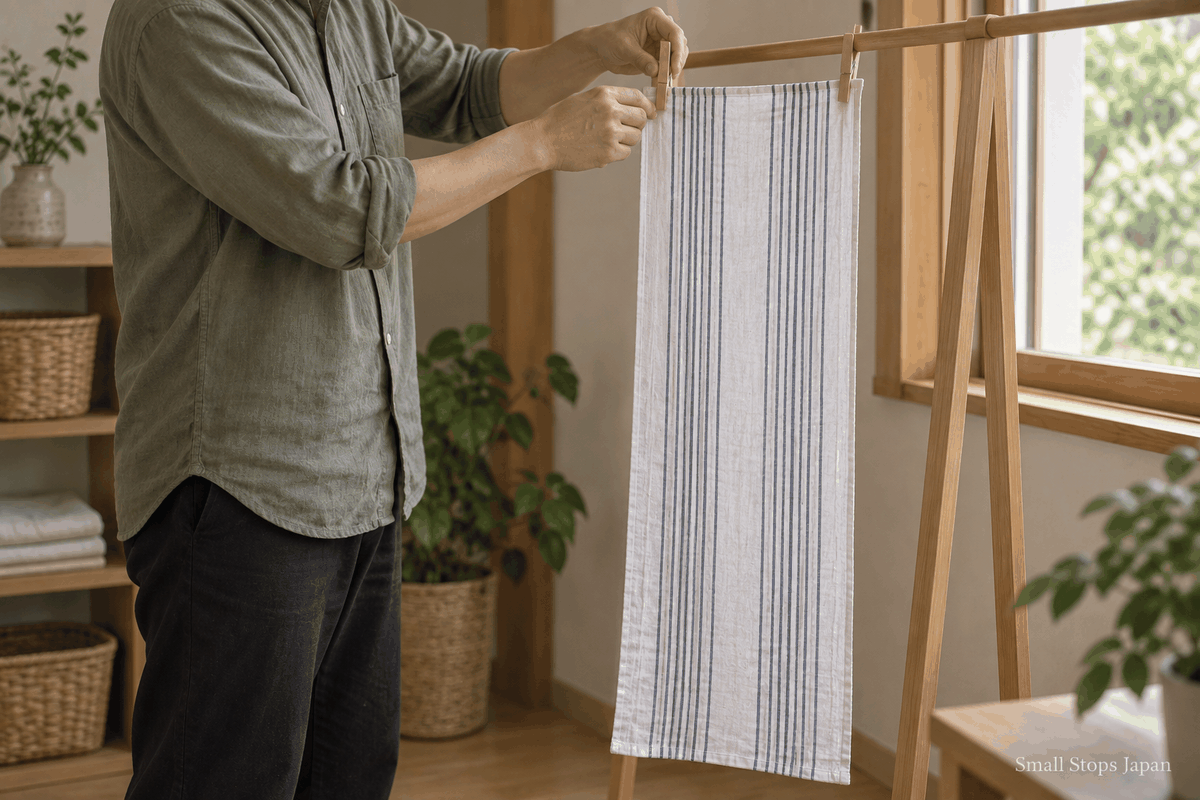 An adult hanging a long blue-striped tenugui open on a drying rack in soft shaded daylight.