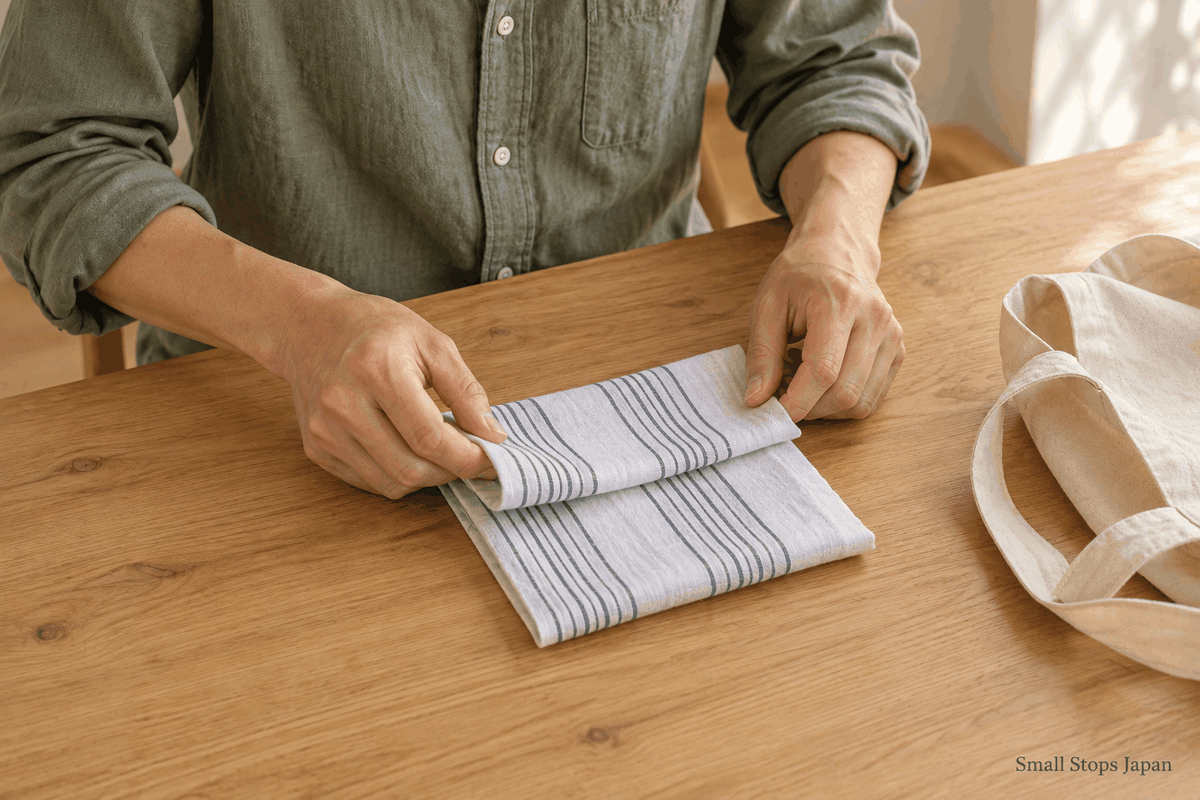 Hands folding a dry, thin blue-striped tenugui on a wooden table.