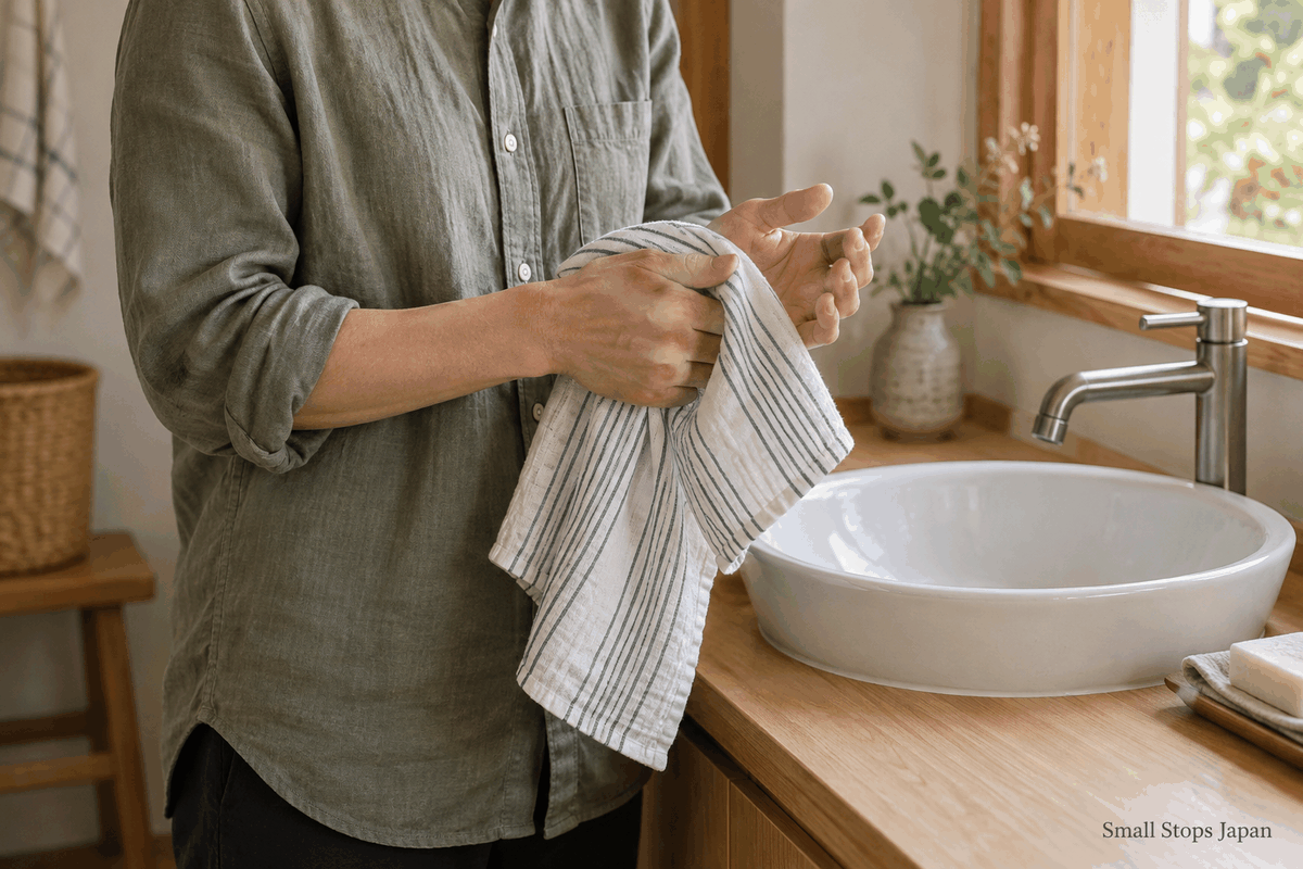 An adult drying a hand with a thin blue-striped cotton tenugui beside a wash basin.