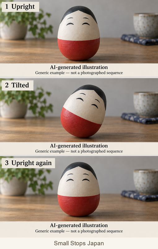 Three AI illustrations show a rounded red doll upright, leaning to one side, and upright again.