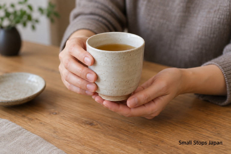 One hand holds a handleless cup while the other supports its raised base.