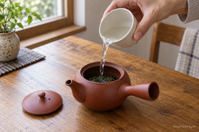 Clear water is poured from a handleless cup into an open teapot containing tea leaves.