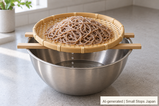AI-generated soba-draining example: a bamboo zaru rests on two wooden supports across a bowl, with visible airspace and drips below.