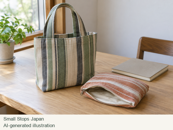 AI-generated illustration of an original striped tote and zip pouch on a desk.