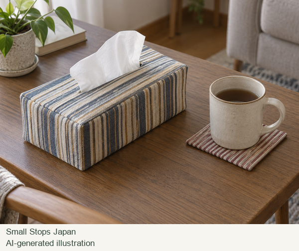 AI-generated illustration of an original striped tissue-box cover and a mug on a fabric coaster.