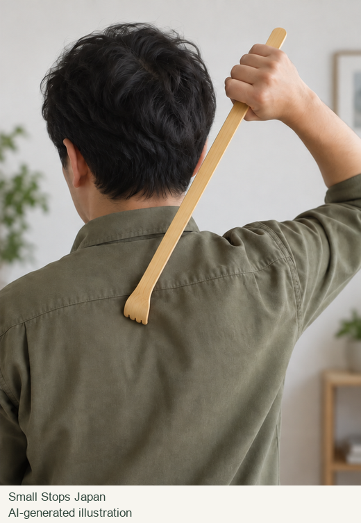 AI-generated illustration of an adult holding one end of a long back scratcher, with the curved end against the back of a shirt.