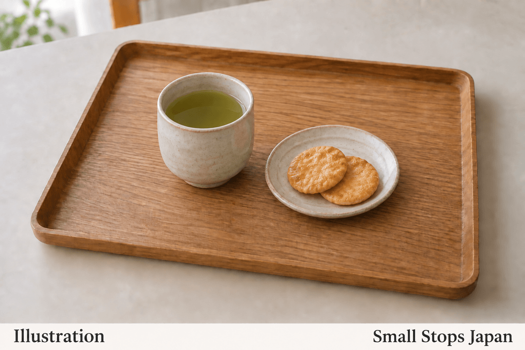 A cup of green tea and a small plate of rice crackers resting on the same tray.