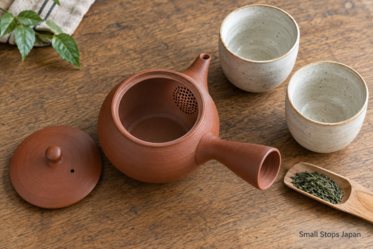An open side-handled teapot with strainer holes near the spout, its separate lid and two cups.