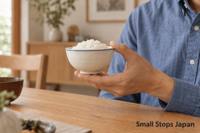Fingers support the foot of a small rice bowl from below, with a thumb at the rim.