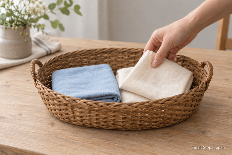 Illustration of a hand lifting a folded cream cloth from a shallow basket beside a blue cloth.