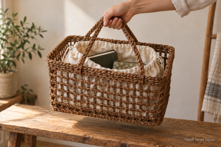 Illustration of a hand holding both handles of a deep basket containing a cloth inner bag, notebook and pouch.