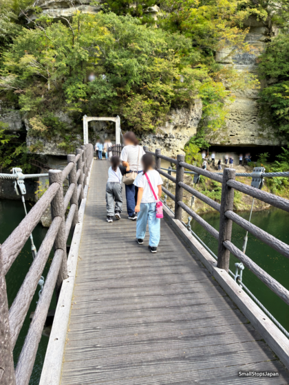A view along the bridge towards the recessed cliff, with the walkway and rails visible.