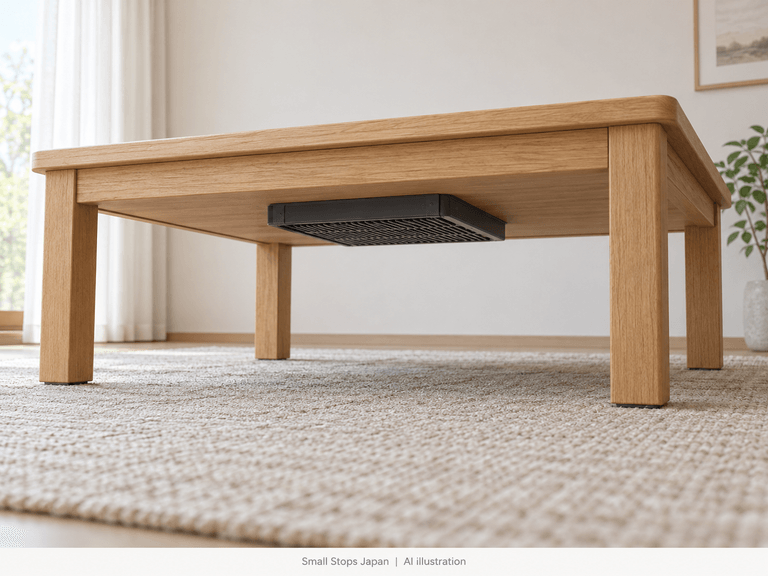 AI illustration of a kotatsu without its quilt, showing a guarded heater beneath the table body above the floor.