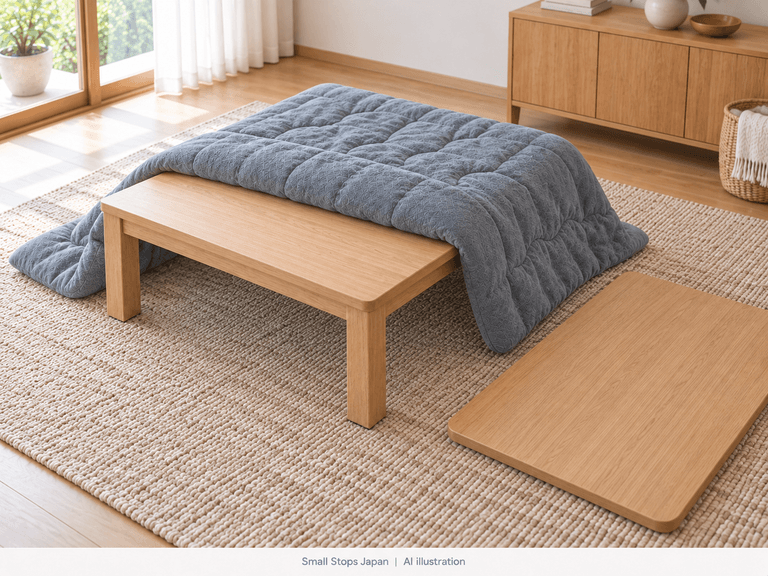 AI observation illustration with the kotatsu tabletop set aside on the floor and the quilt folded back over the supporting body.