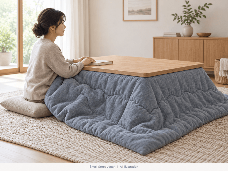 AI illustration of an adult on a floor cushion beside a kotatsu, hands near a book and legs concealed by the quilt.
