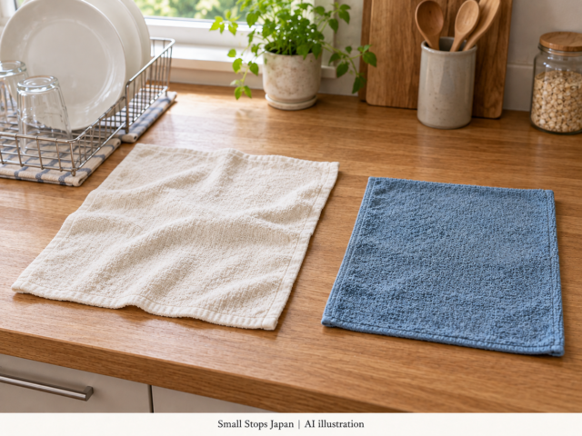 AI illustration of an off-white cloth beside a dish rack and a blue cloth on a clear wooden worktop.