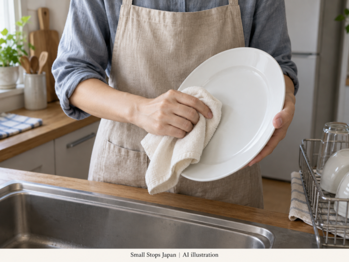 AI illustration of one hand supporting a white plate while the other presses an off-white cloth against its inside.
