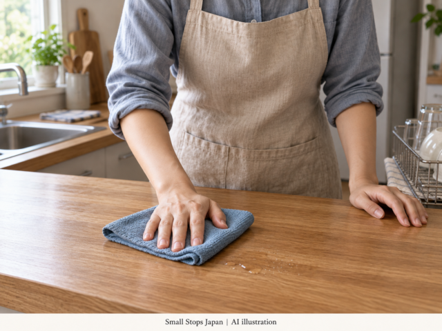 AI illustration of an adult pressing a blue cloth against a wooden kitchen worktop, with the cloth edges visible.